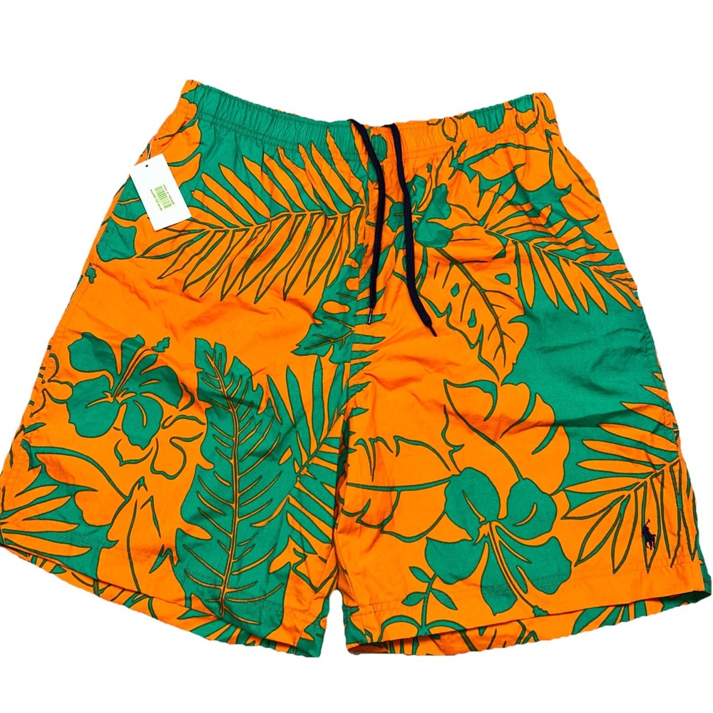 NWT Polo Ralph Lauren Bright Orange/Green Hawaiin Floral Men's Large‎ Swimtrunks